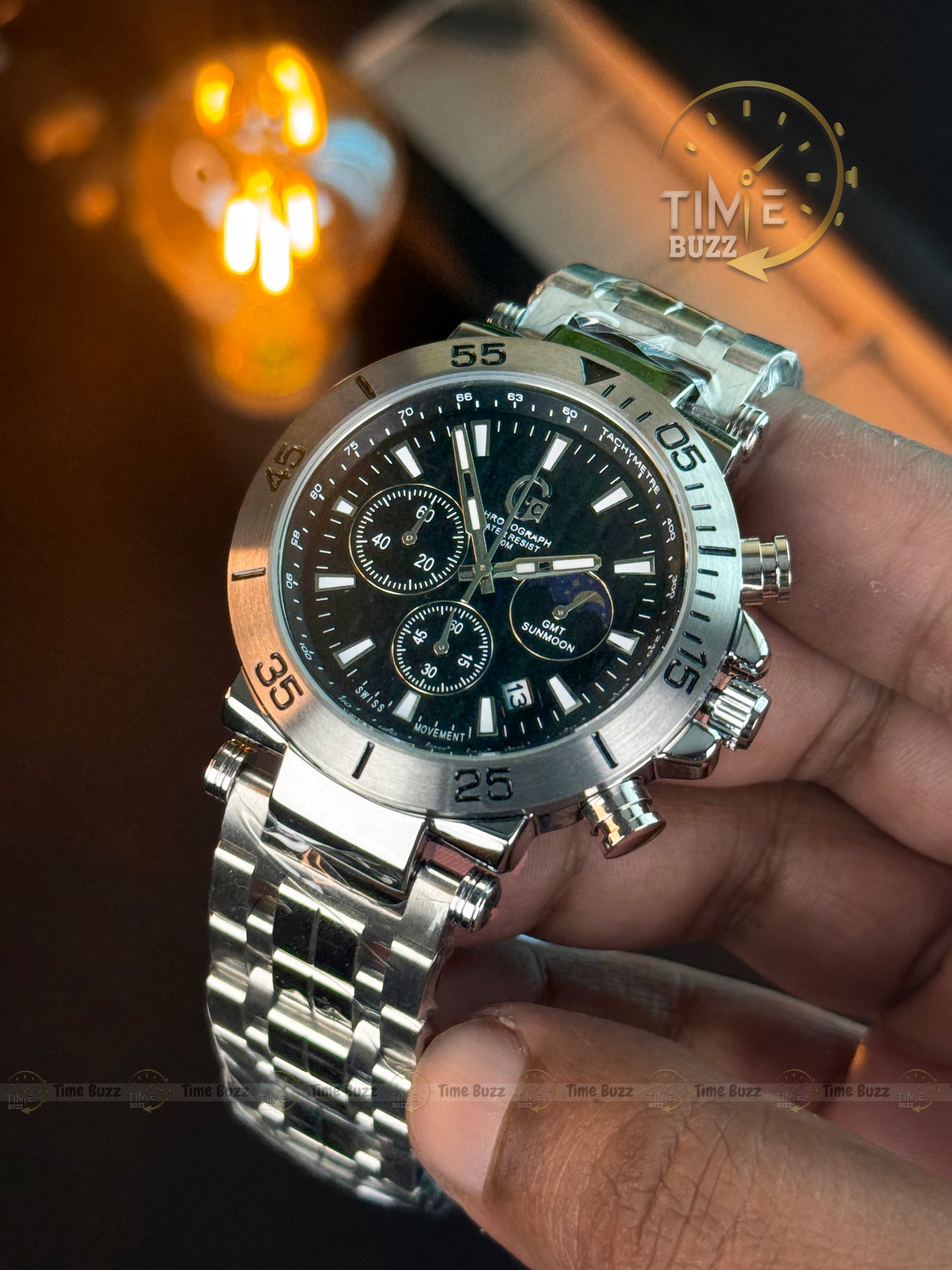 GC Chronograph Moonphase Men’s Watch – Black Dial & Stainless Steel Chain Strap