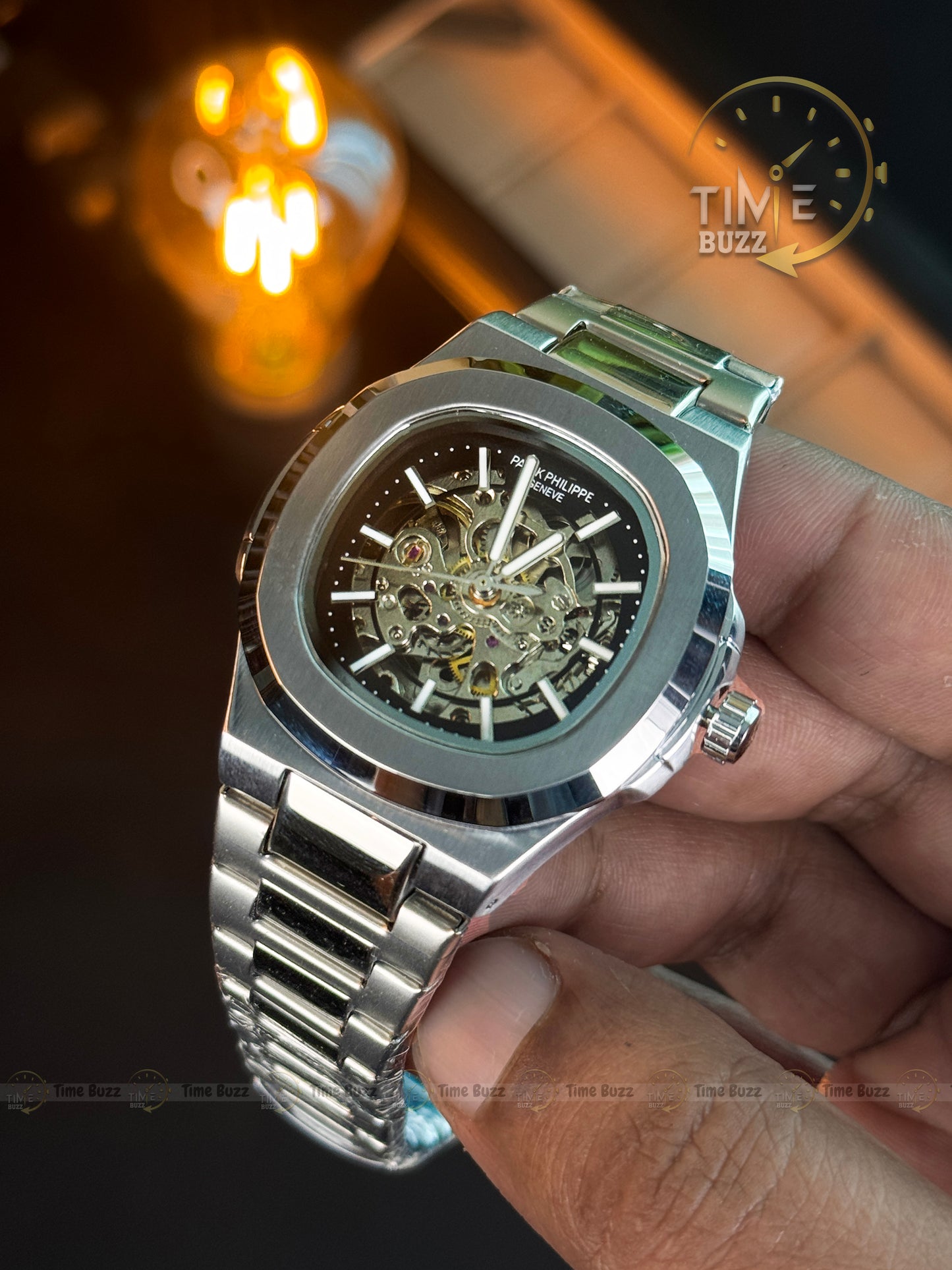 Patek Philippe Skeleton Automatic Style Men’s Watch – Black Skeleton Dial & Silver Chain Strap