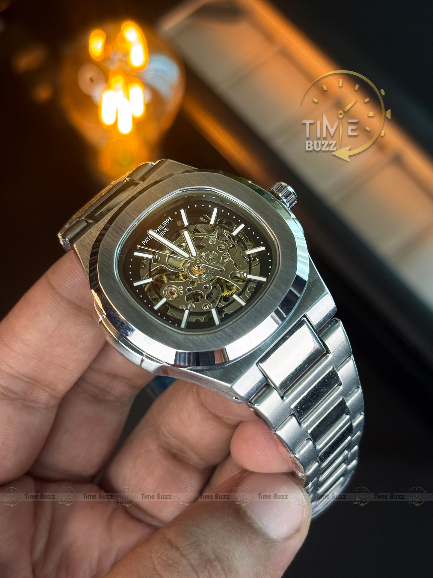 Patek Philippe Skeleton Automatic Style Men’s Watch – Black Skeleton Dial & Silver Chain Strap