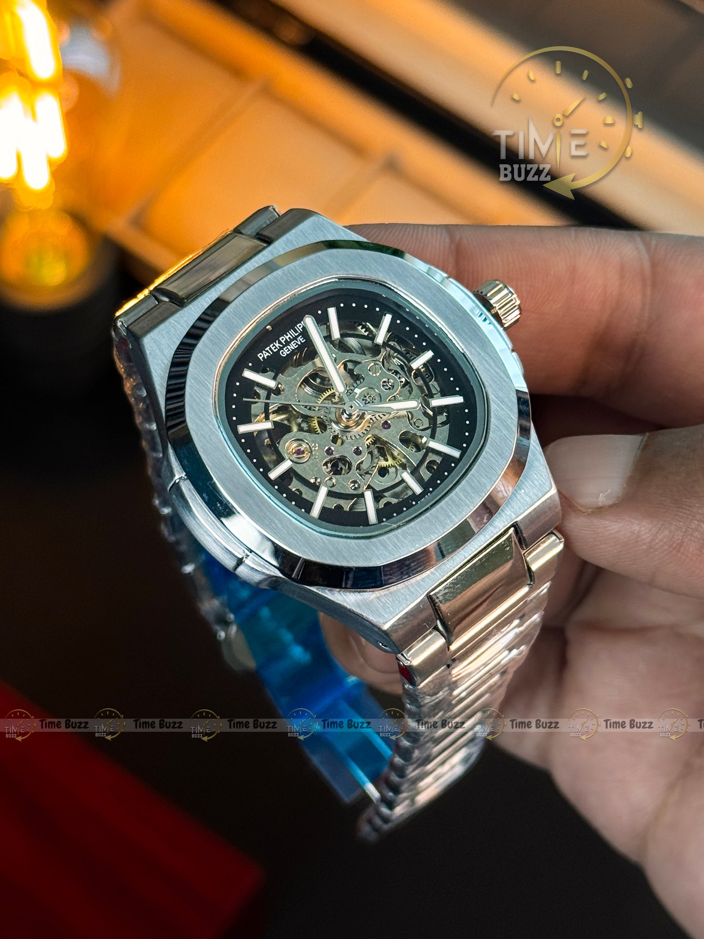 Patek Philippe Skeleton Automatic Style Men’s Watch – Black Skeleton Dial & Silver Chain Strap
