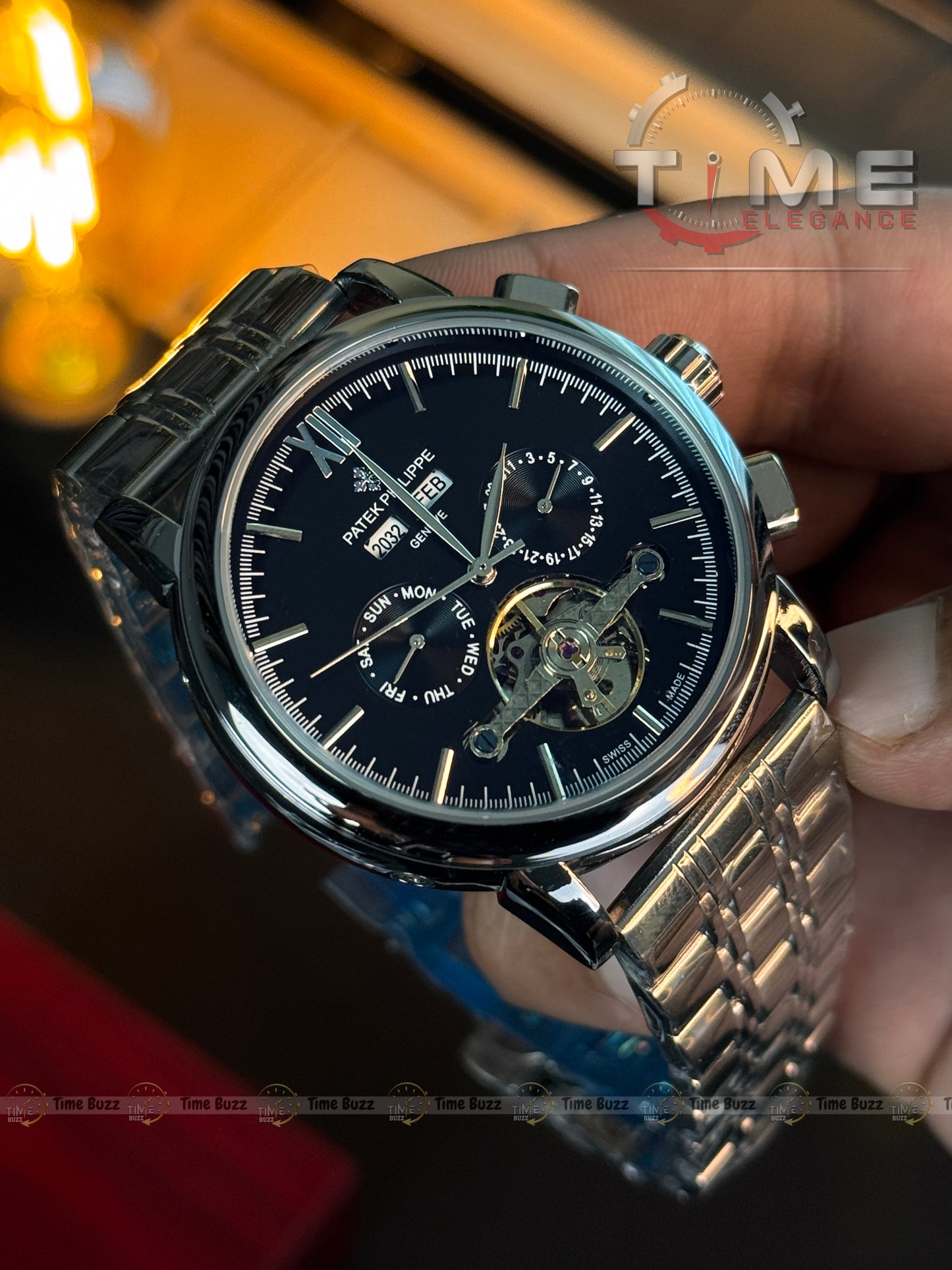 Patek Philippe Tourbillon Calendar Men’s Watch – Black Dial & Stainless Steel Chain Strap