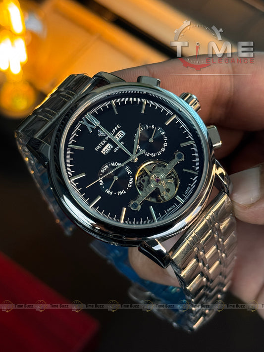 Patek Philippe Tourbillon Calendar Men’s Watch – Black Dial & Stainless Steel Chain Strap