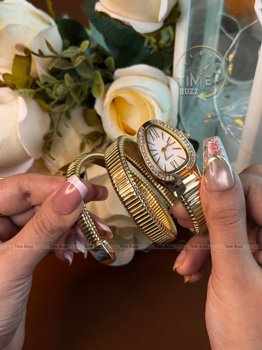 Luxury Gold Snake Bracelet Women's Quartz Watch with White Dial | Crystal Bezel Fashion Bangle Watch