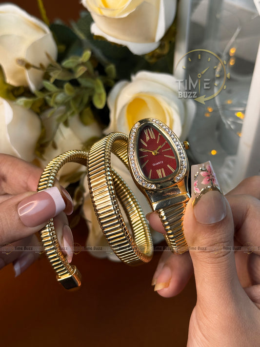 Luxury Gold Snake Bracelet Women's Quartz Watch with Burgundy Dial | Elegant Bangle Wristwatch