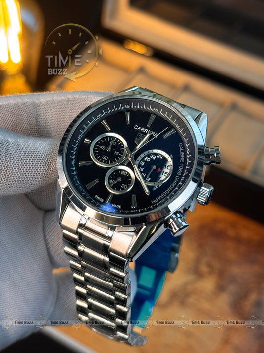 TAG Heuer Carrera Calibre 1887 Chronograph Men’s Watch – Black Dial & Stainless Steel Chain Strap