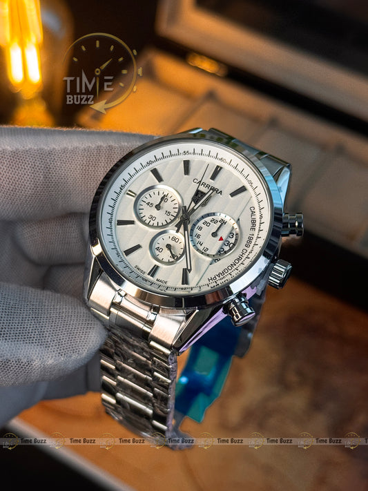 TAG Heuer Carrera Calibre 1887 Chronograph Men’s Watch – White Dial & Stainless Steel Chain Strap