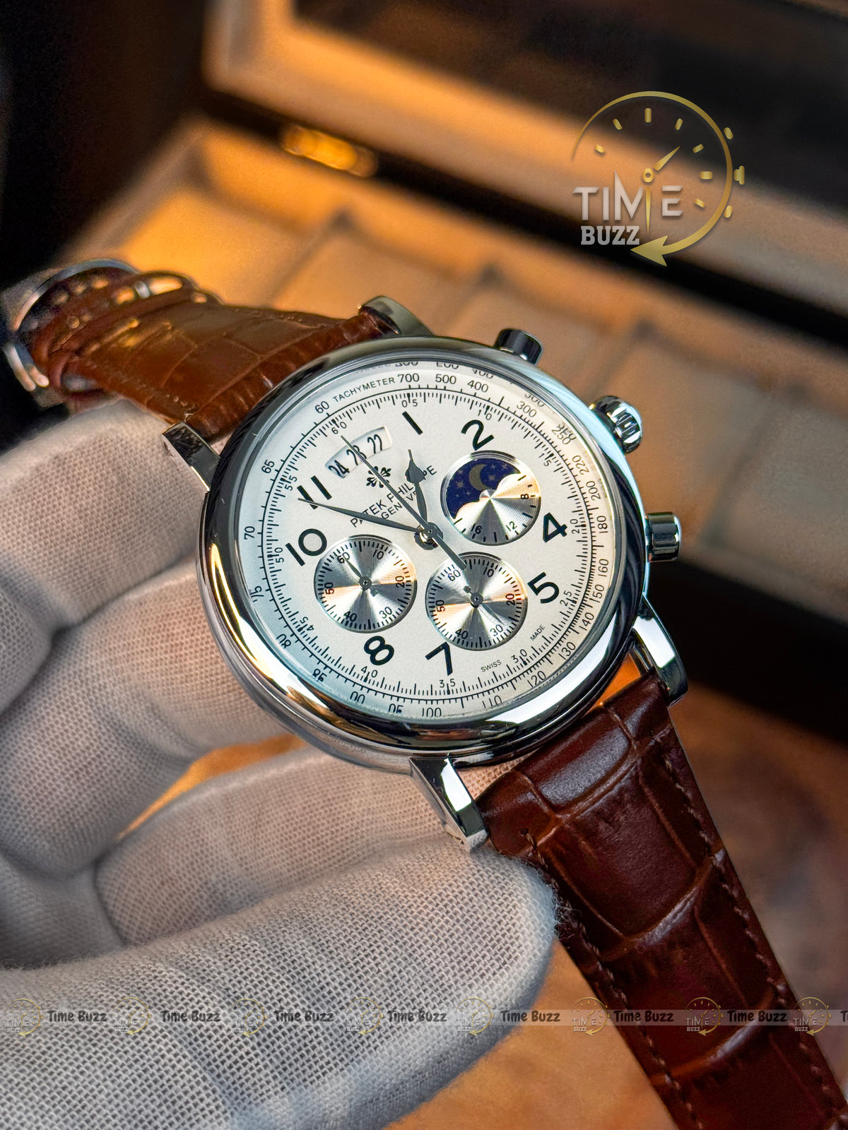 Patek Philippe Silver Chronograph Moonphase-Style Men’s Watch with White Dial and Brown Leather Strap