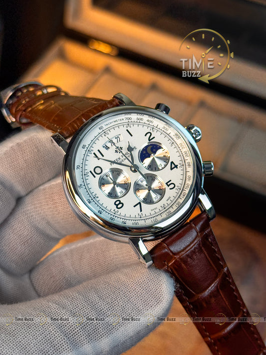 Patek Philippe Silver Chronograph Moonphase-Style Men’s Watch with White Dial and Brown Leather Strap