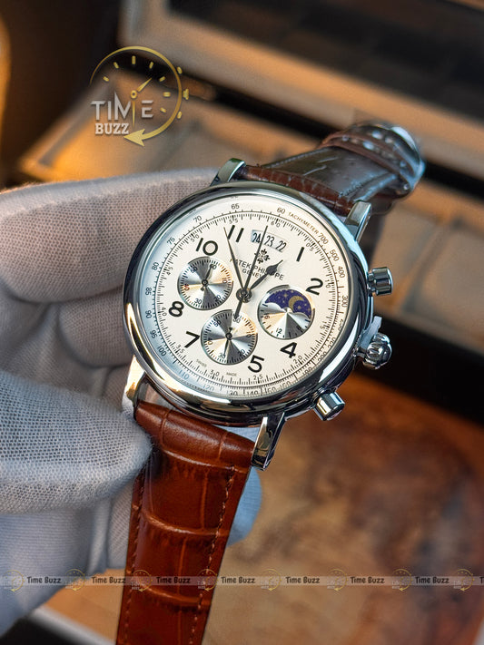 Patek Philippe Silver Chronograph Moonphase-Style Men’s Watch with White Dial and Brown Leather Strap