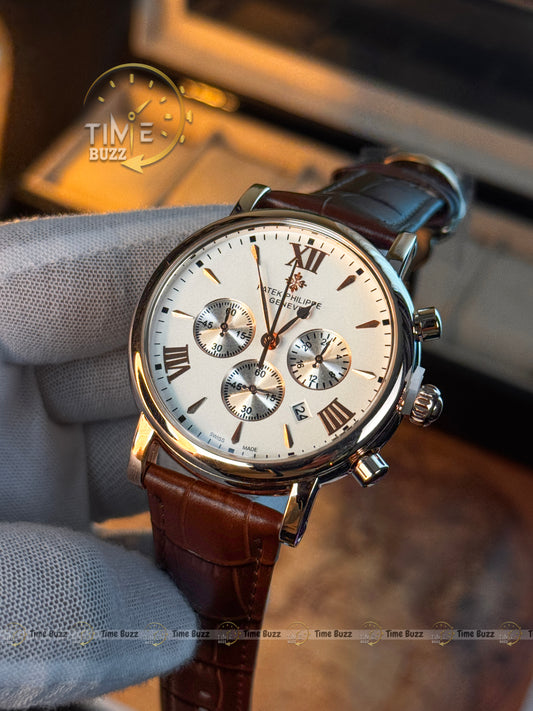 Patek Philippe Silver Chronograph Men’s Watch with White Dial and Brown Leather Strap