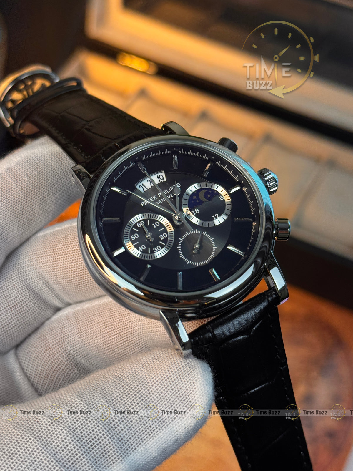 Patek Philippe Silver Black Chronograph Men’s Watch with Black Leather Strap