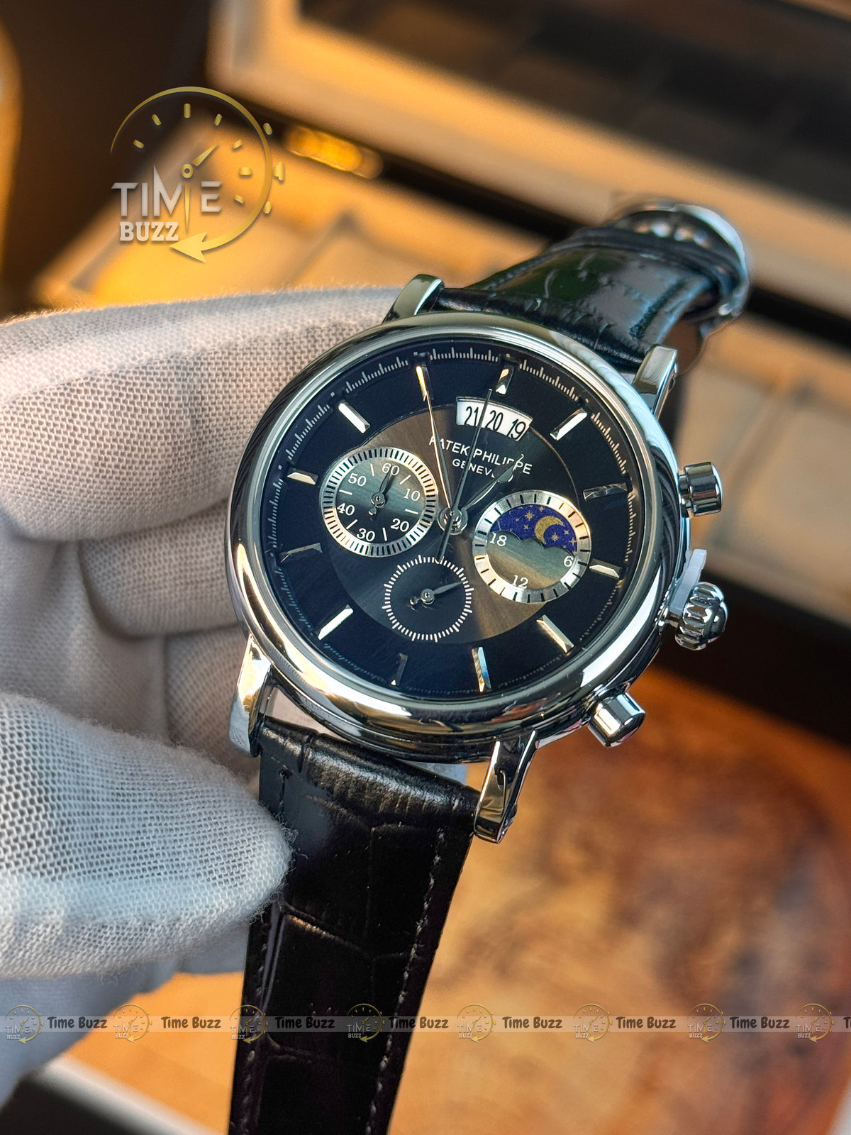Patek Philippe Silver Black Chronograph Men’s Watch with Black Leather Strap
