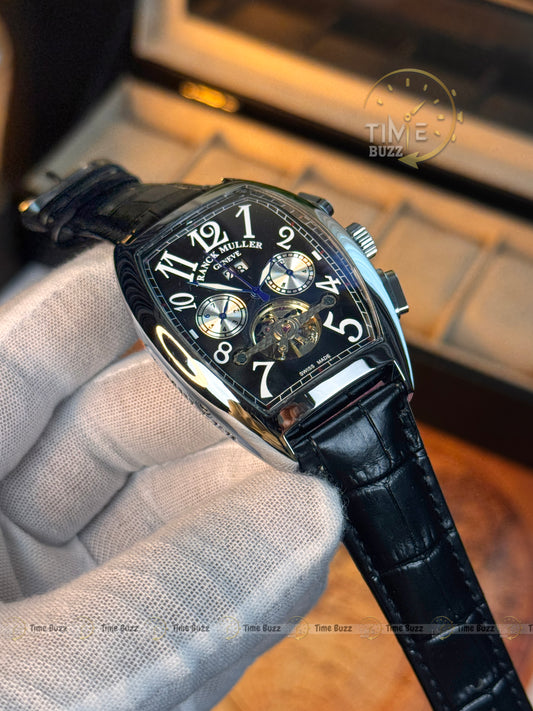 FRANCK MULLER Luxury Skeleton Tourbillon Tonneau Men's Automatic Watch – Black Dial & Black Leather Strap