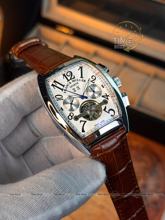 FRANCK MULLER Silver Tonneau Open-Heart Men’s Watch with White Dial and Brown Leather Strap