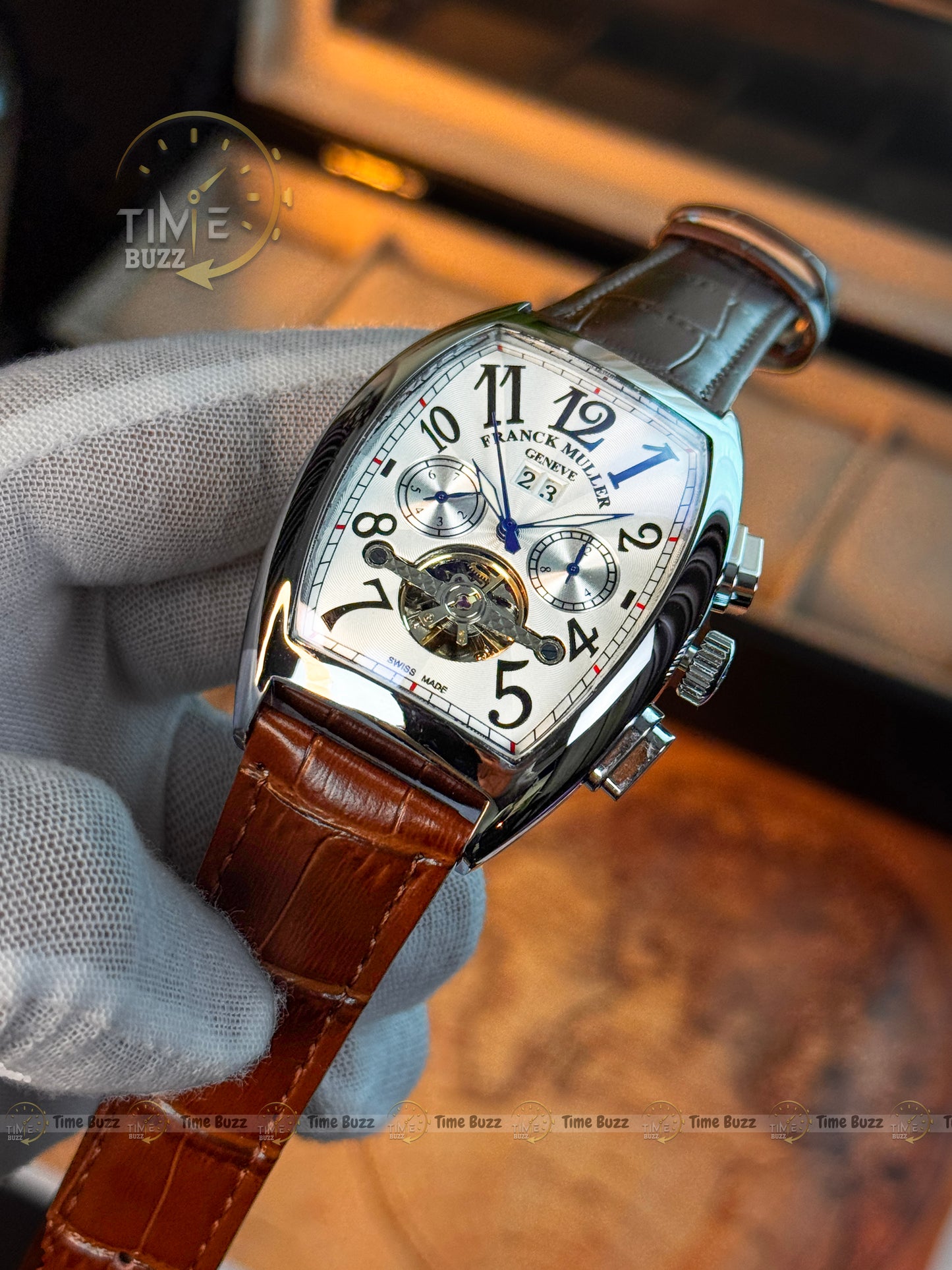FRANCK MULLER Silver Tonneau Open-Heart Men’s Watch with White Dial and Brown Leather Strap