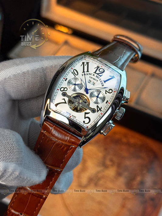 FRANCK MULLER Silver Tonneau Open-Heart Men’s Watch with White Dial and Brown Leather Strap