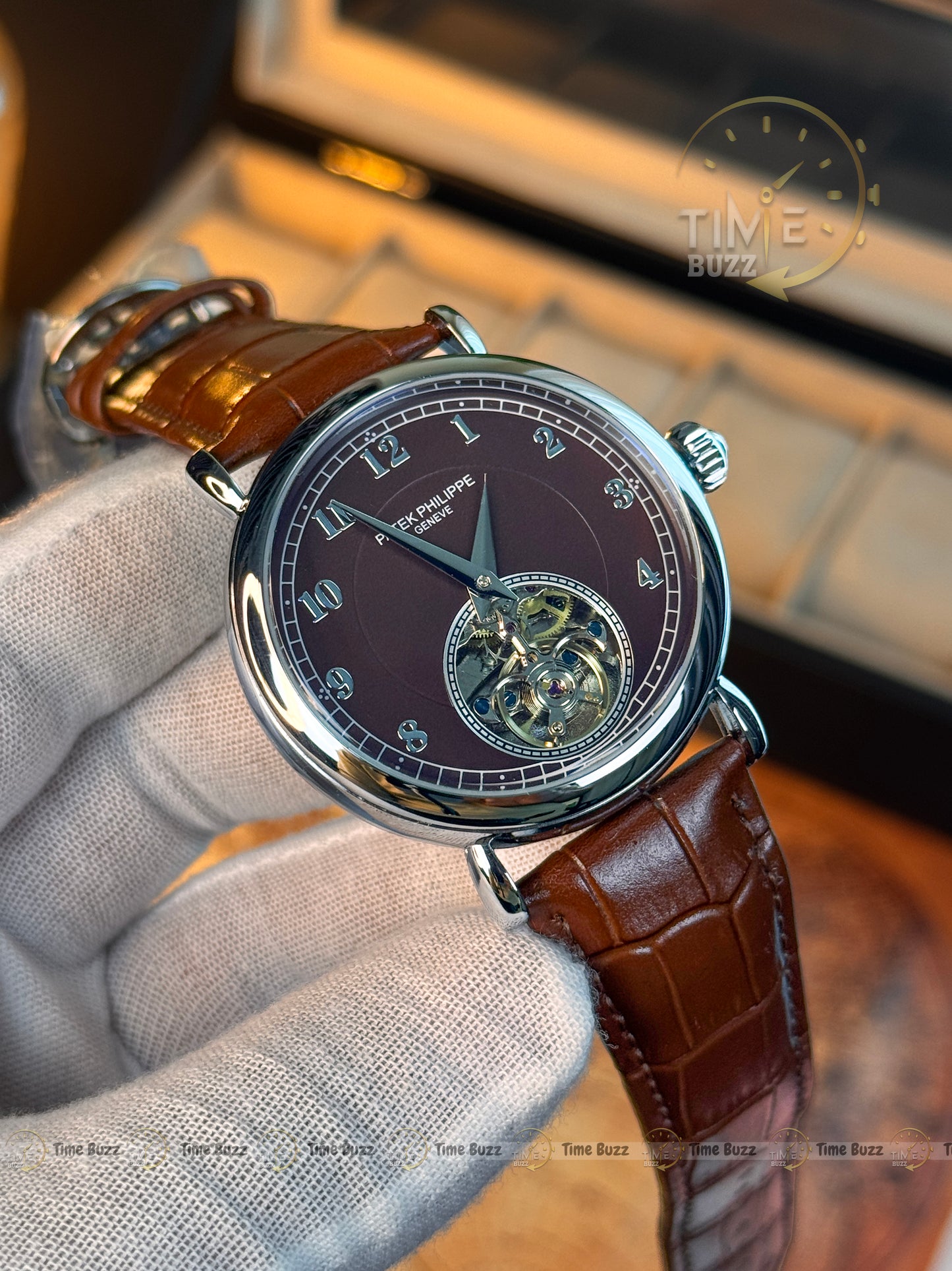 Patek Philippe Silver Open-Heart Automatic Men’s Watch with Brown Dial and Leather Strap