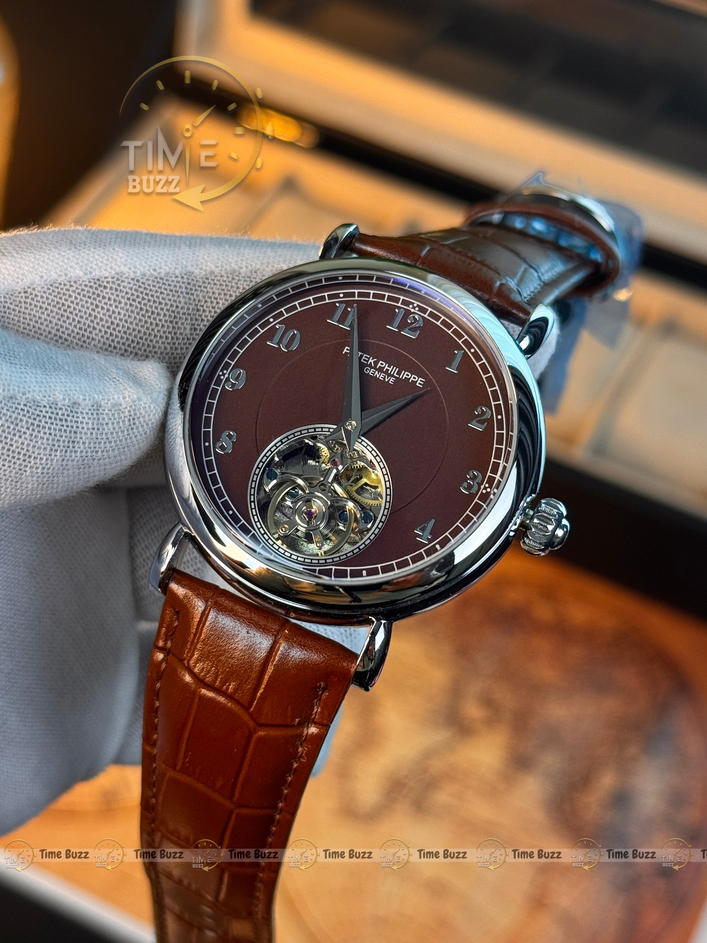 Patek Philippe Silver Open-Heart Automatic Men’s Watch with Brown Dial and Leather Strap