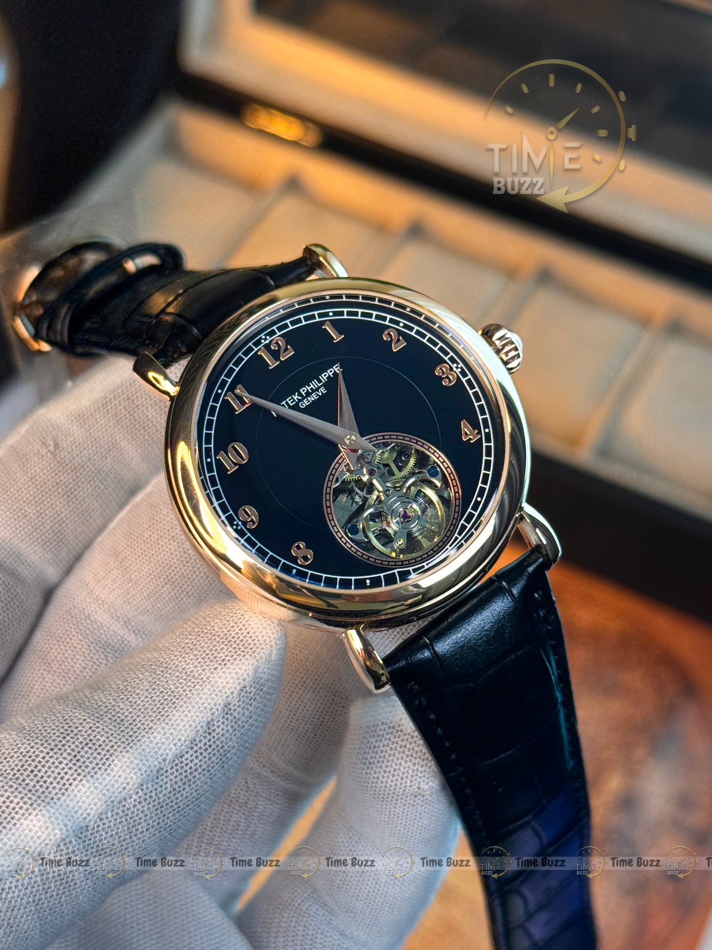 Patek Philippe Classic Rose Gold Open-Heart Automatic Men’s Watch – Black Leather Strap