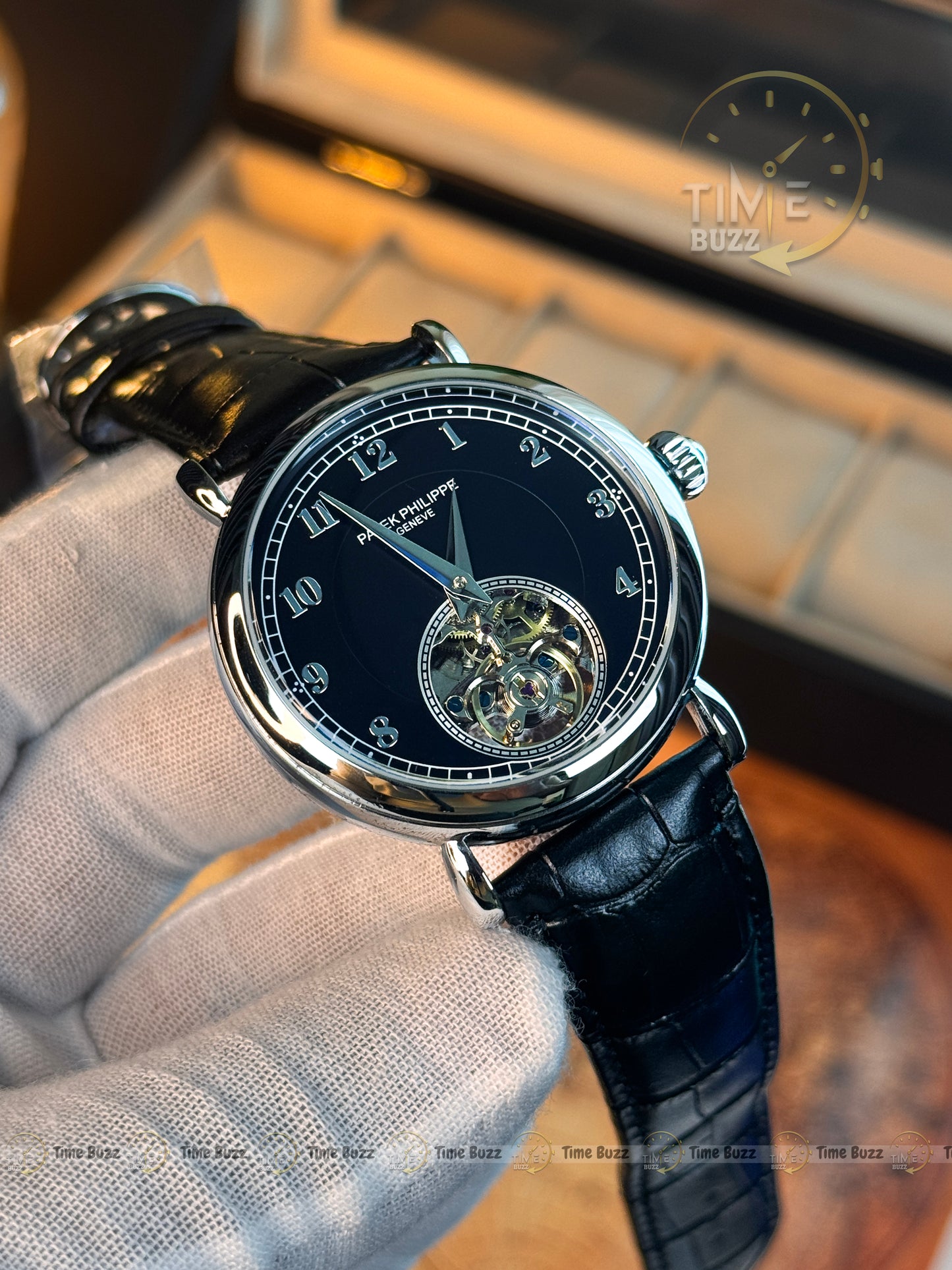Patek Philippe Silver Open-Heart Automatic Men’s Watch with Black Leather Strap