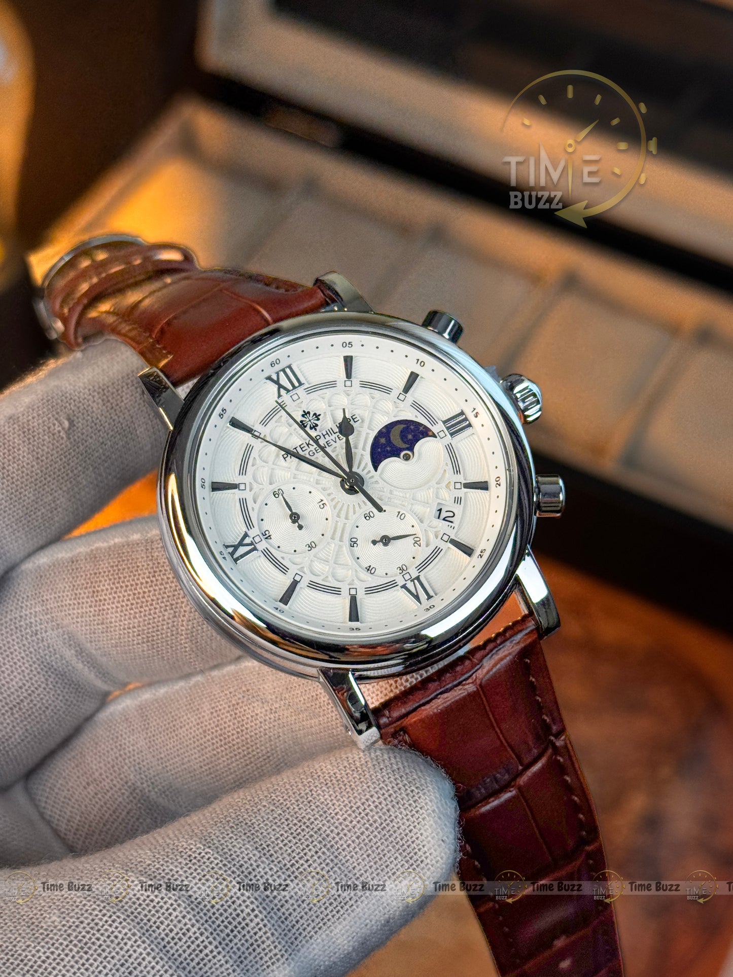 Patek Philippe Silver Moonphase Chronograph Men’s Watch with White Dial and Brown Leather Strap