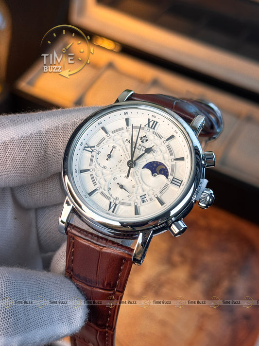 Patek Philippe Silver Moonphase Chronograph Men’s Watch with White Dial and Brown Leather Strap