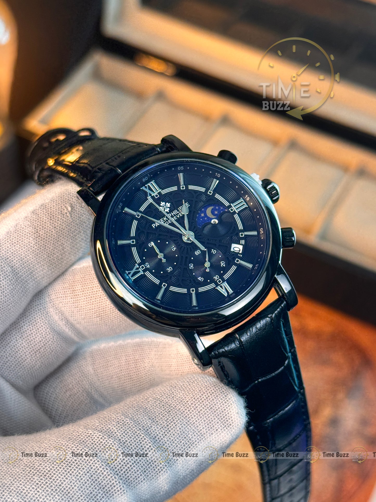 Patek Philippe Black Moonphase Chronograph Men’s Watch with Textured Dial and Leather Strap
