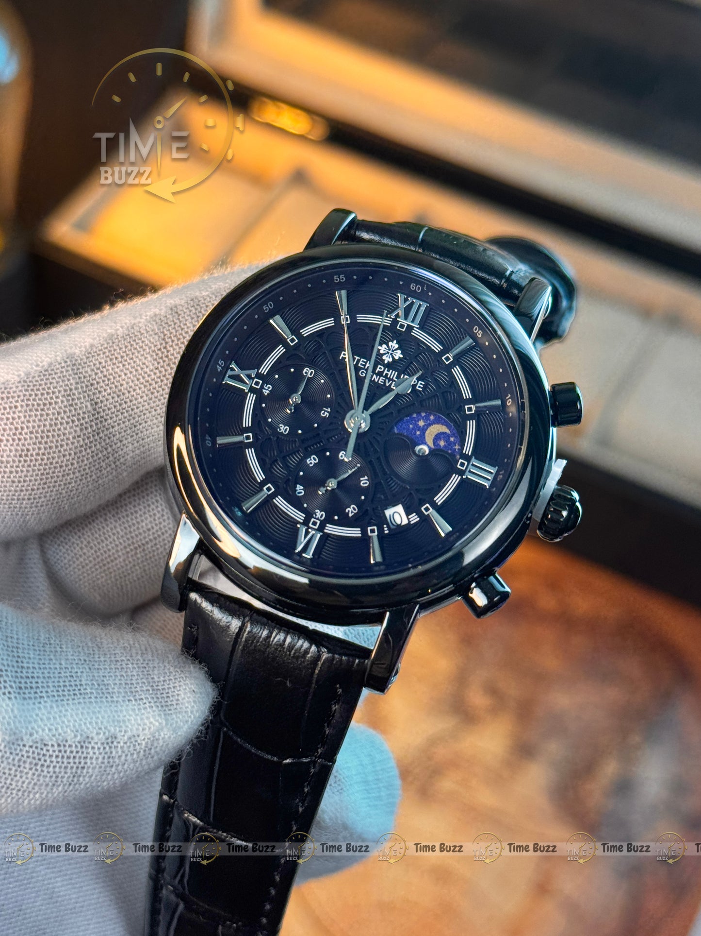 Patek Philippe Black Moonphase Chronograph Men’s Watch with Textured Dial and Leather Strap