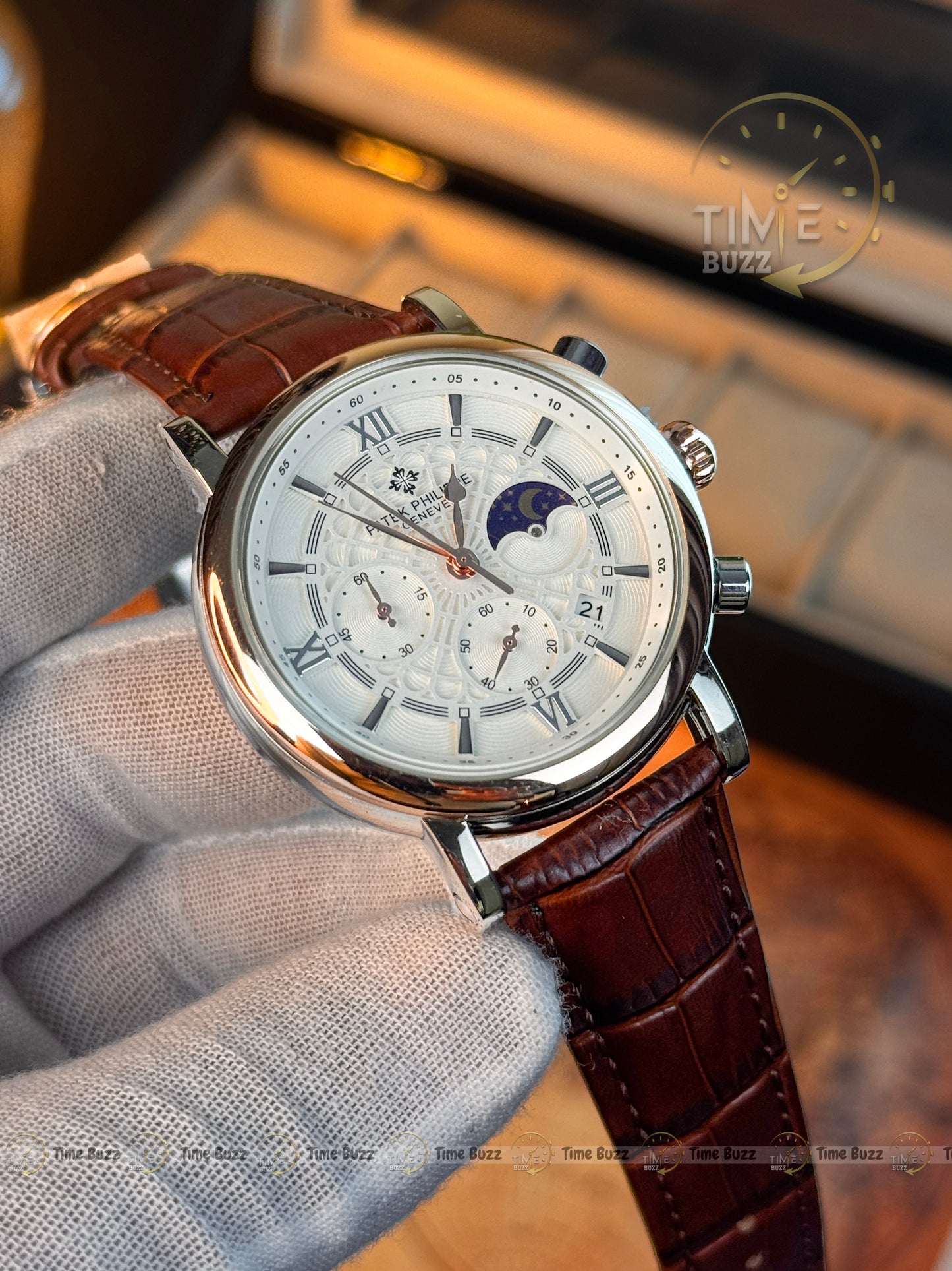Patek Philippe Silver Moonphase Chronograph Men’s Watch with White Dial and Brown Leather Strap