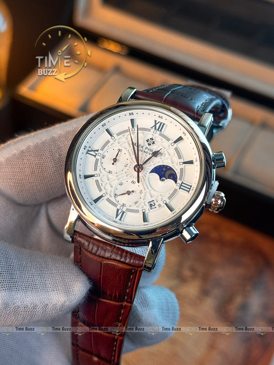 Patek Philippe Silver Moonphase Chronograph Men’s Watch with White Dial and Brown Leather Strap