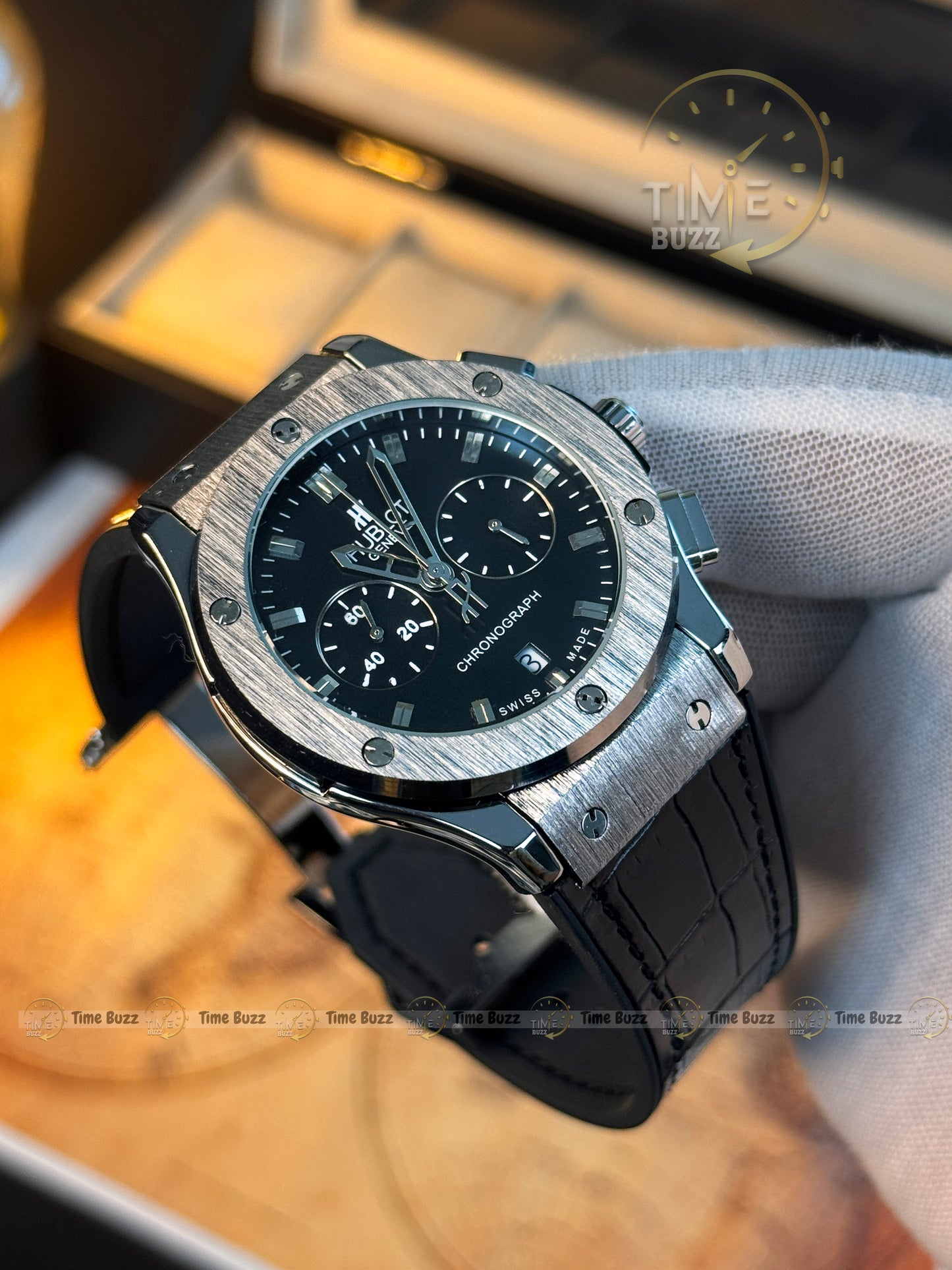 HUBLOT Silver Chronograph Men’s Watch with Black Dial and Leather Strap