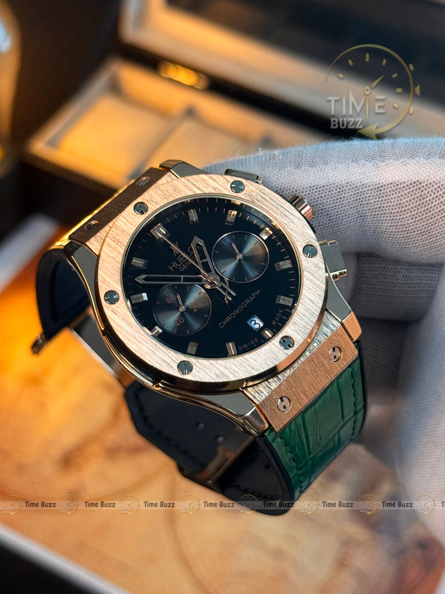 HUBLOT Rose Gold Chronograph Men’s Watch with Black Dial and Green Leather Strap