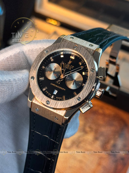 HUBLOT Rose Gold Chronograph Men’s Watch with Black Dial and Black Leather Strap
