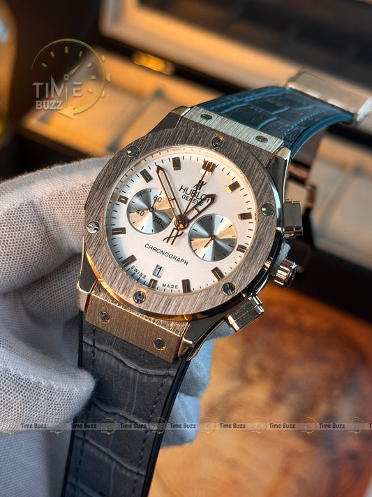 HUBLOT Silver Chronograph Men’s Watch with White Dial and Black Leather Strap