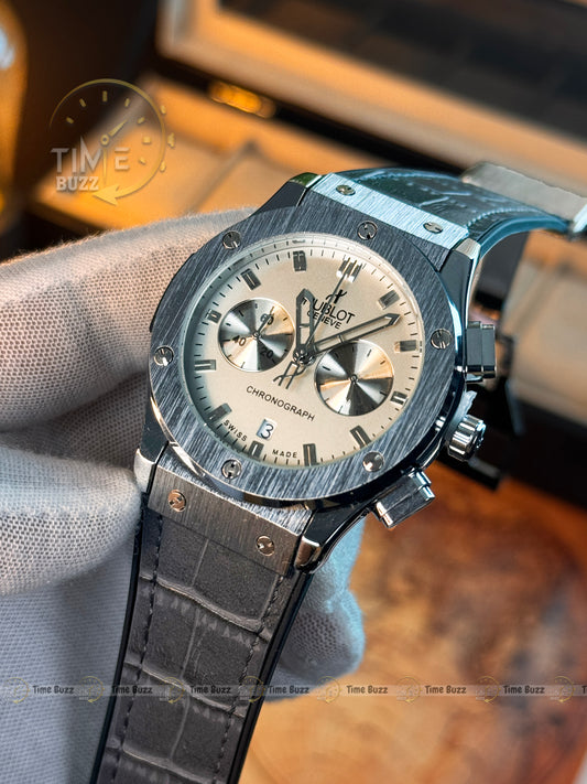 HUBLOT Silver Chronograph Men’s Watch with Champagne Dial and Grey Leather Strap