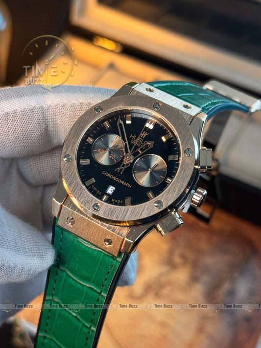 HUBLOT Rose Gold Chronograph Men’s Watch with Black Dial and Green Leather Strap