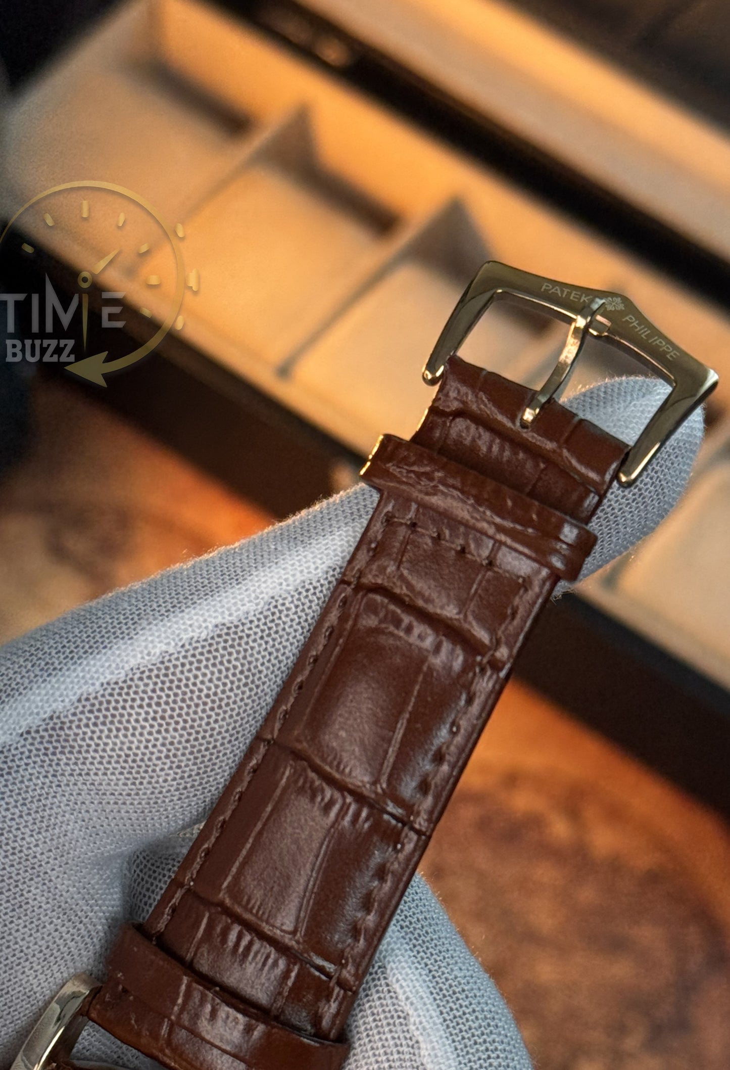 Patek Philippe Automatic Open Heart Watch – White Dial, Rose Gold Tone & Brown Leather Strap