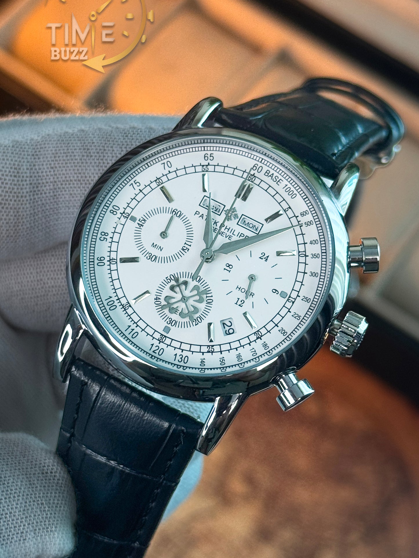 Patek Philippe Geneve Men's Chronograph Watch – White Dial & Black Leather Strap