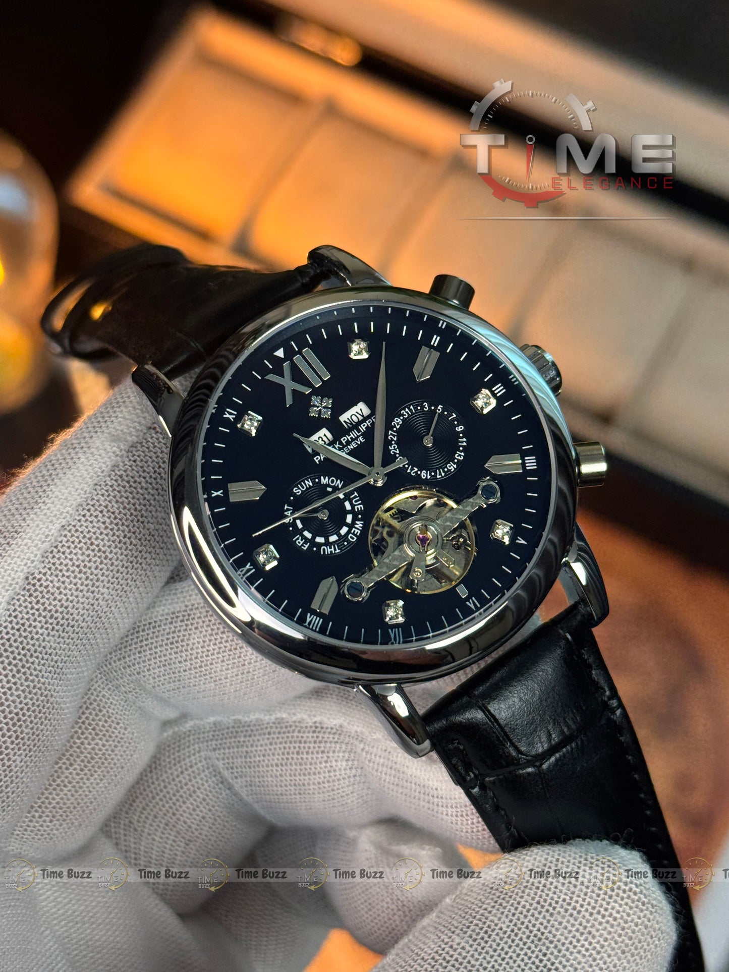 Patek Philippe Automatic Open Heart Watch – Black Dial & Black Leather Strap