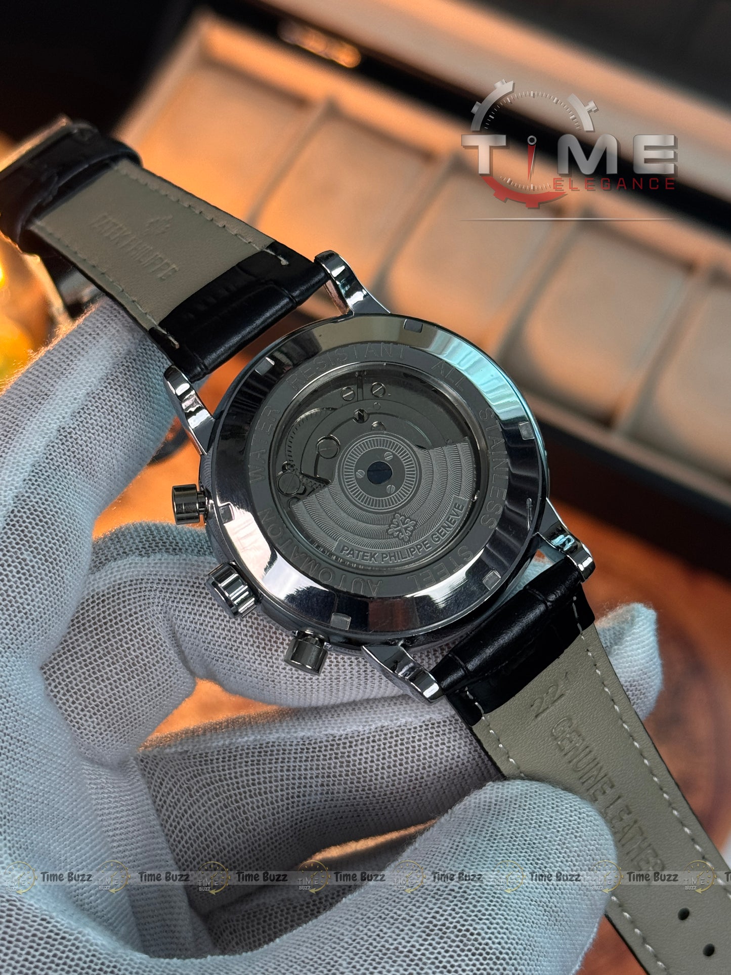 Patek Philippe Automatic Open Heart Watch – Black Dial & Black Leather Strap