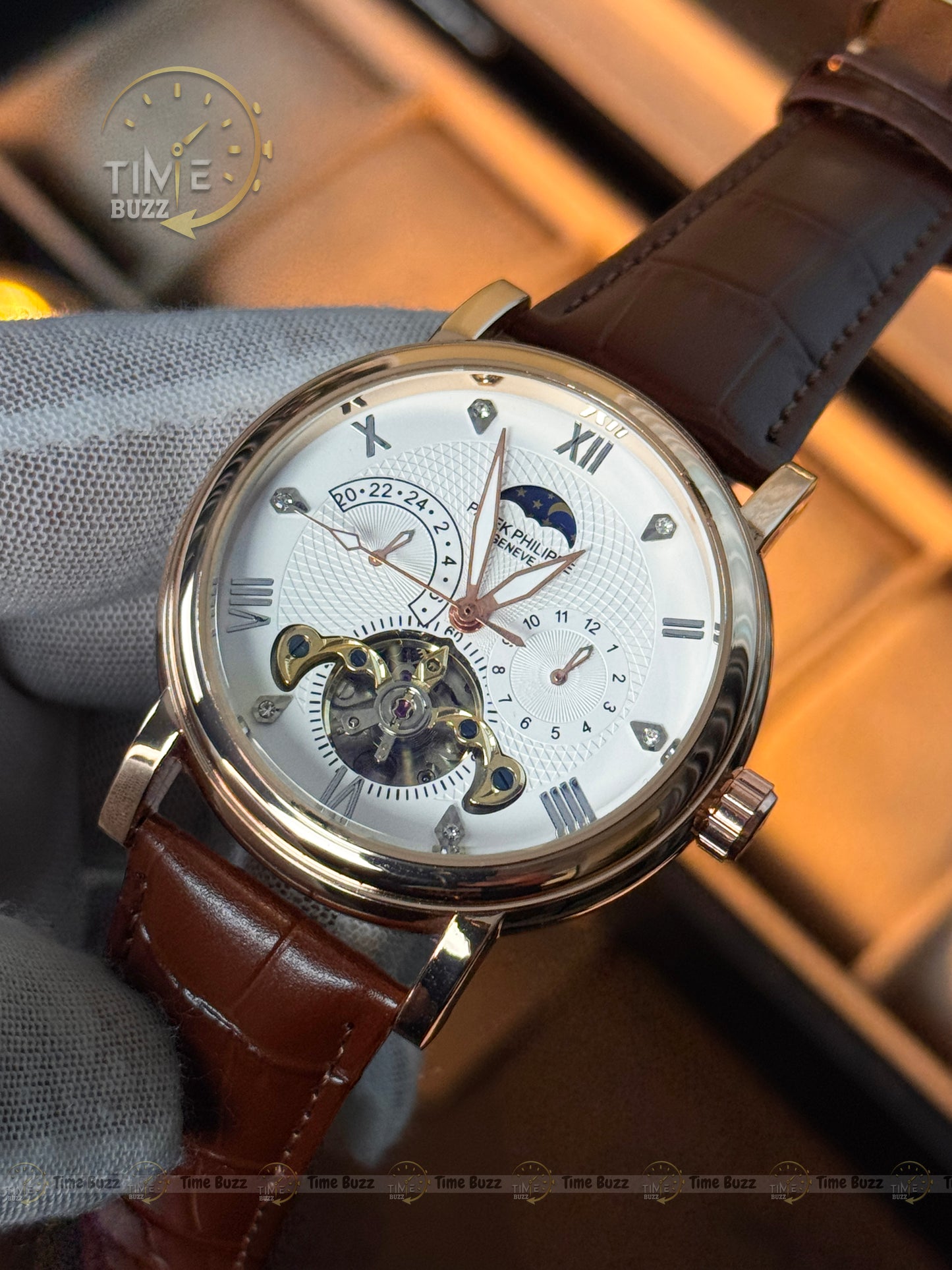 Patek Philippe Automatic Open Heart Watch – White Dial & Brown Leather Strap