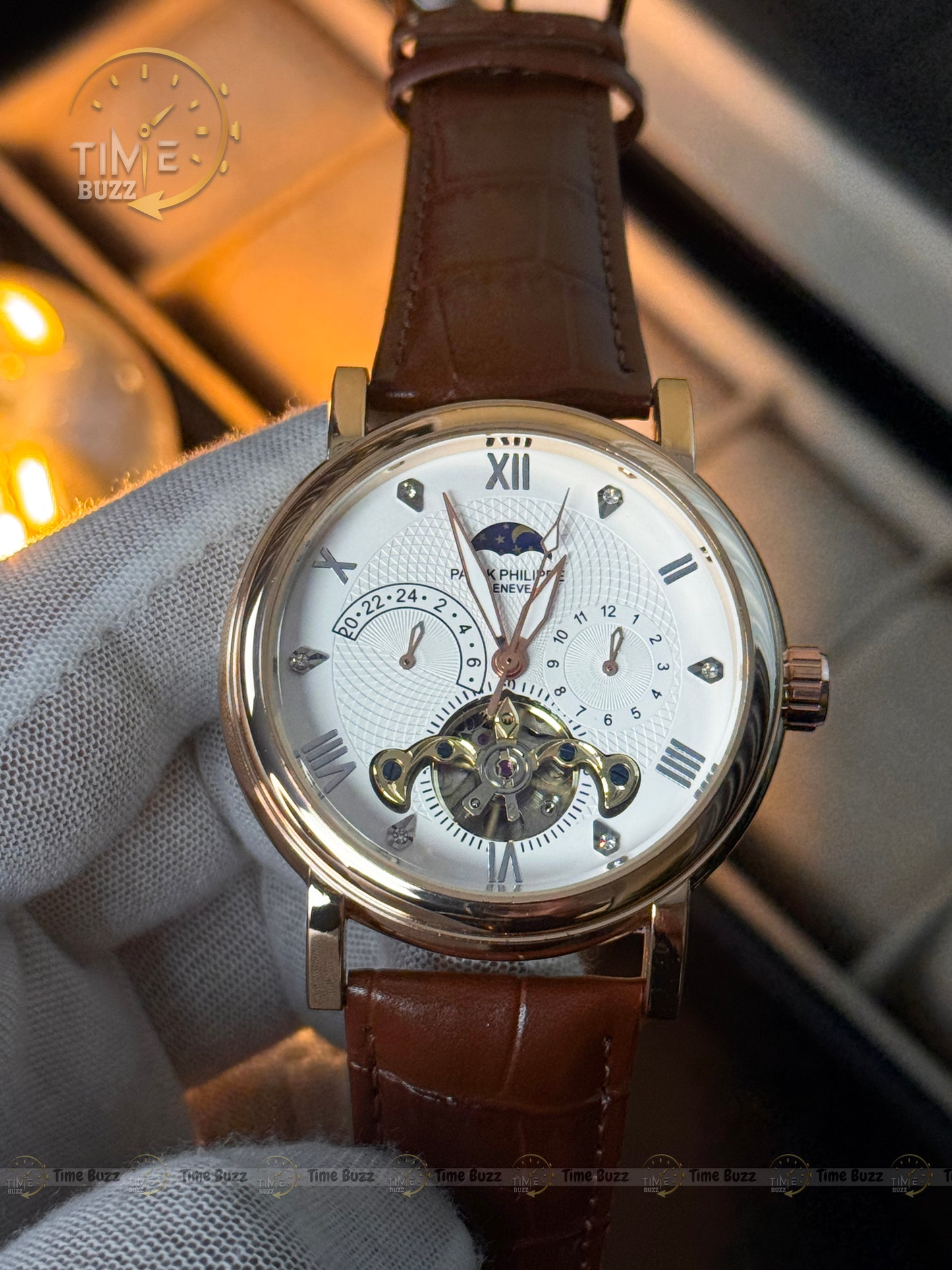 Patek Philippe Automatic Open Heart Watch – White Dial & Brown Leather Strap