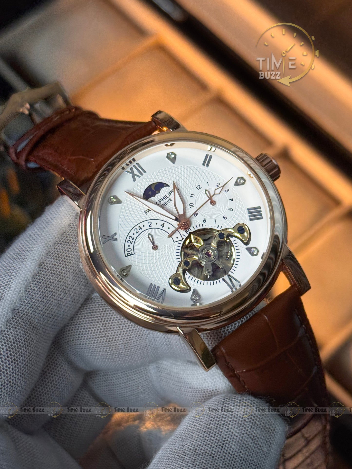 Patek Philippe Automatic Open Heart Watch – White Dial & Brown Leather Strap