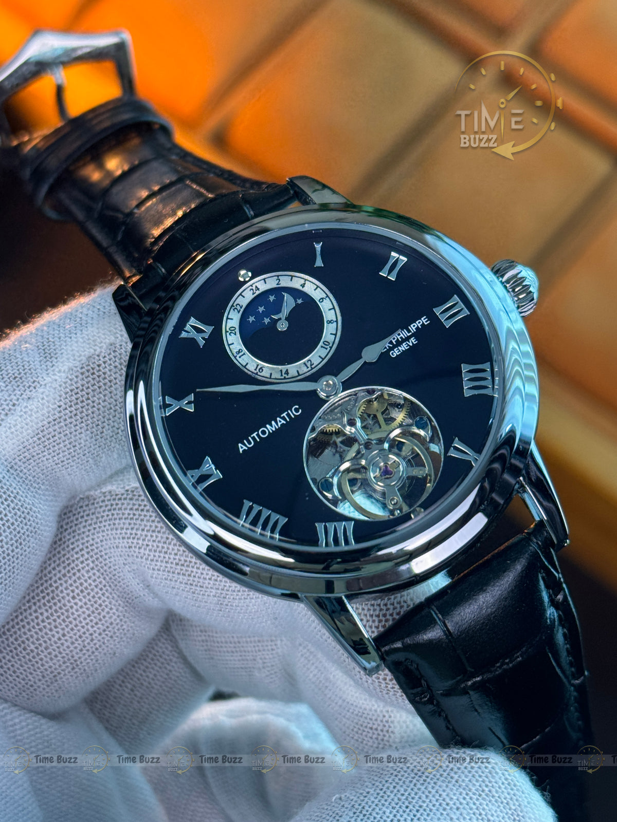 Patek Philippe Automatic Open Heart Moonphase Style Watch – Black Dial & Leather Strap