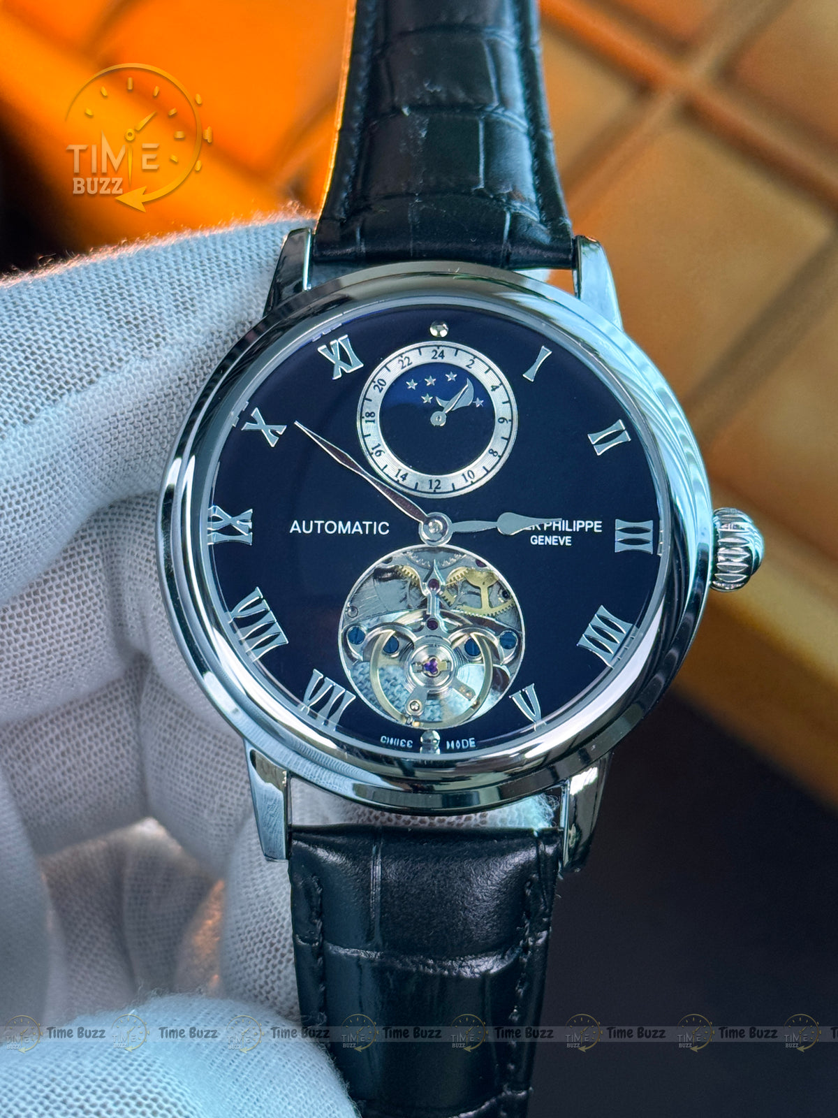 Patek Philippe Automatic Open Heart Moonphase Style Watch – Black Dial & Leather Strap