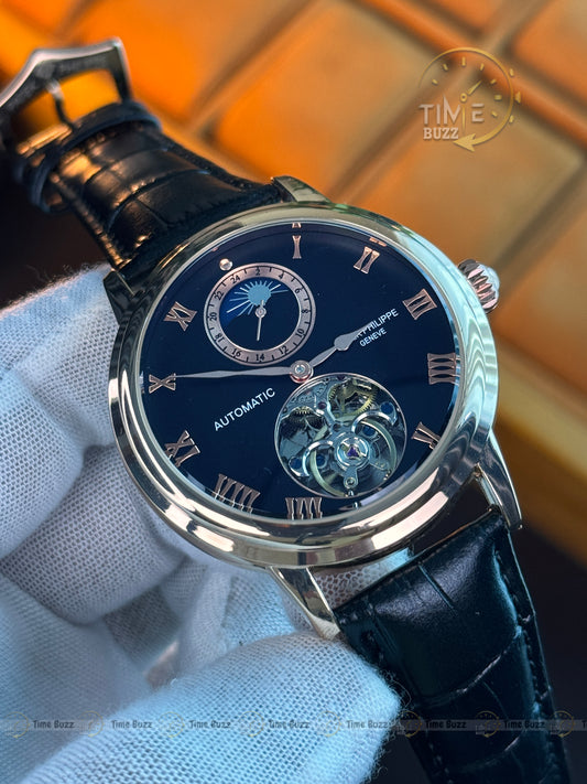Patek Philippe Automatic Open Heart Watch – Black Dial, Rose-Gold-Tone Roman Numerals & Leather Strap