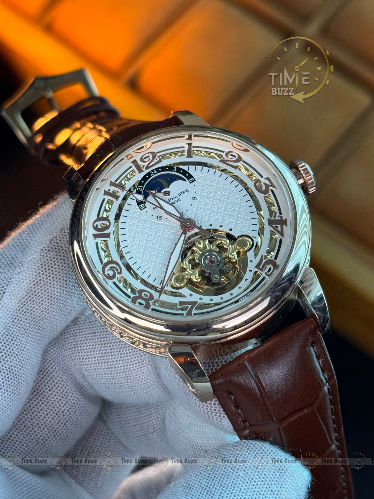 Patek Philippe Automatic Open Heart Watch – White Dial, Moonphase-Style Display & Brown Leather Strap