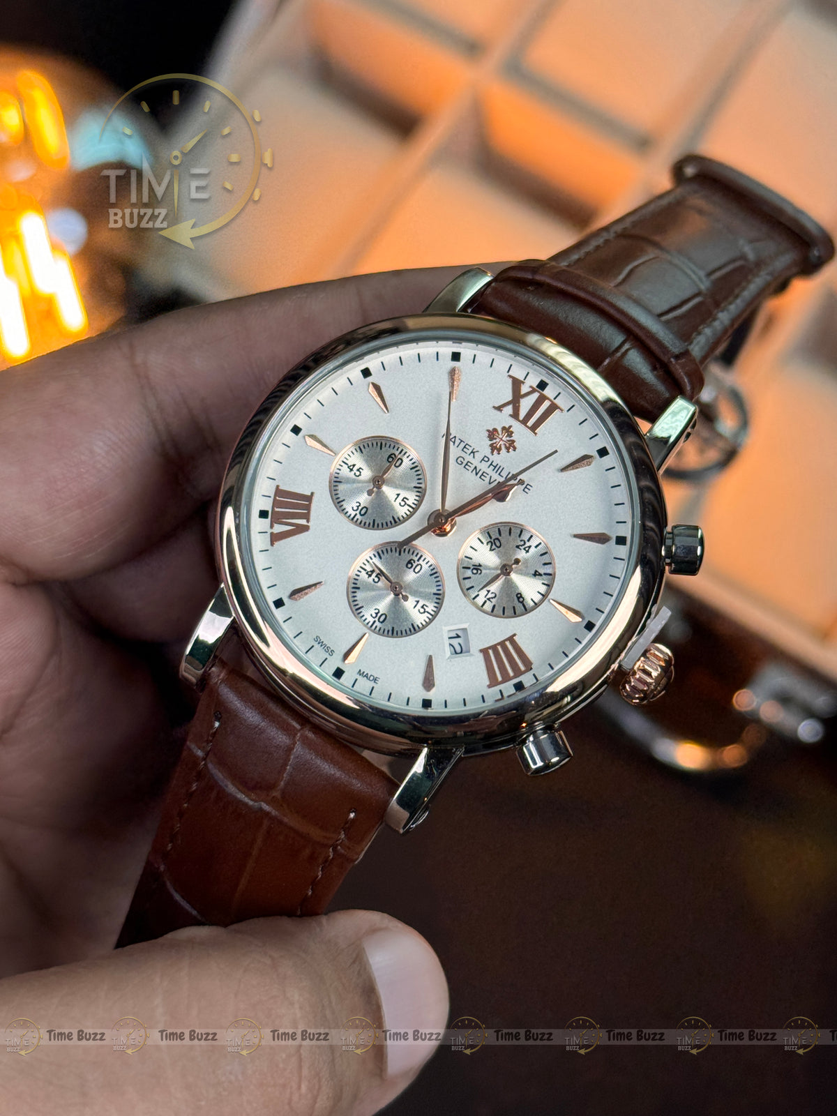 Patek Philippe Silver Chronograph Men’s Watch with White Dial and Brown Leather Strap