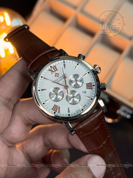 Patek Philippe Silver Chronograph Men’s Watch with White Dial and Brown Leather Strap