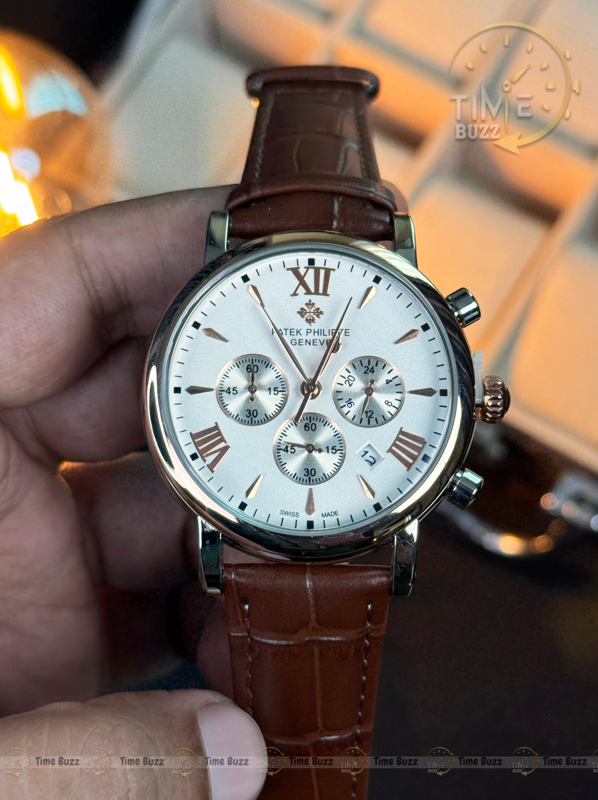 Patek Philippe Silver Chronograph Men’s Watch with White Dial and Brown Leather Strap